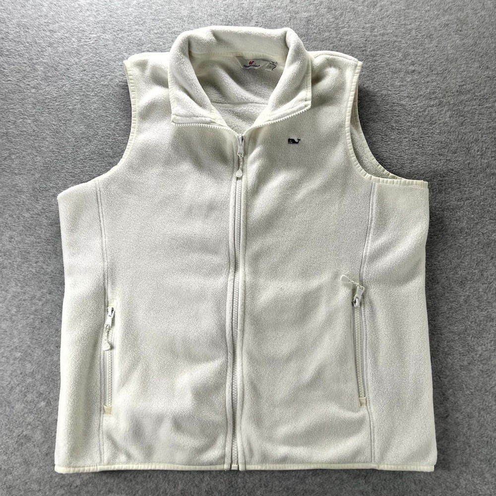 Vineyard Vines Fleece Vest Womens Large White Whale Logo Mock Neck Full Zip